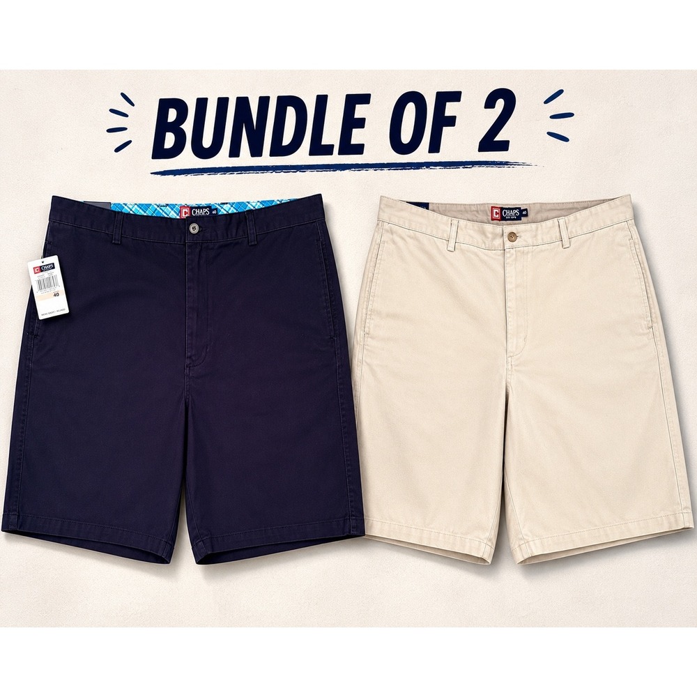 NWT! Chaps Mens Chino Shorts Bundle Size 40 Blue Beige Cotton Flat Front